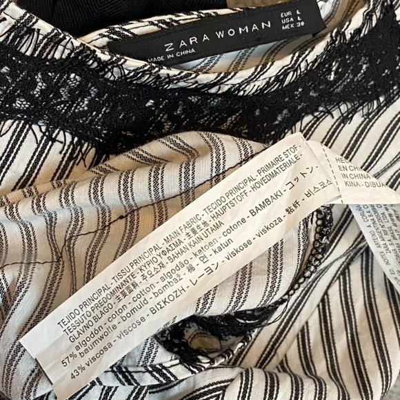 Zara Woman Striped Top Lace Overlay Size Large Black & White Bell Sleeves - Picture 11 of 16